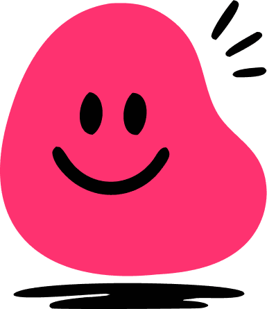Libby, a hot pink blob with two eyes, a big smile, and a few little sparkle marks beside her